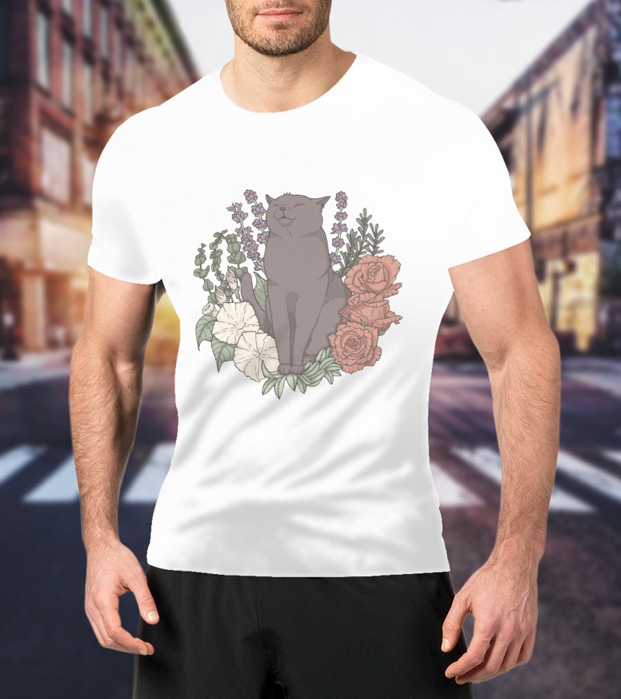 Blissful Cat Surrounded By Autumn Floral Breeze T-Shirt