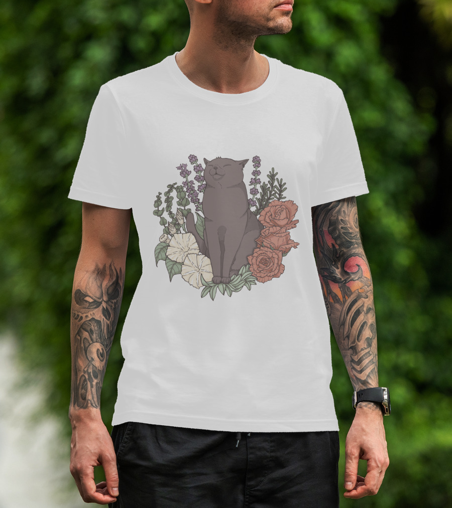 Blissful Cat Surrounded By Autumn Floral Breeze T-Shirt