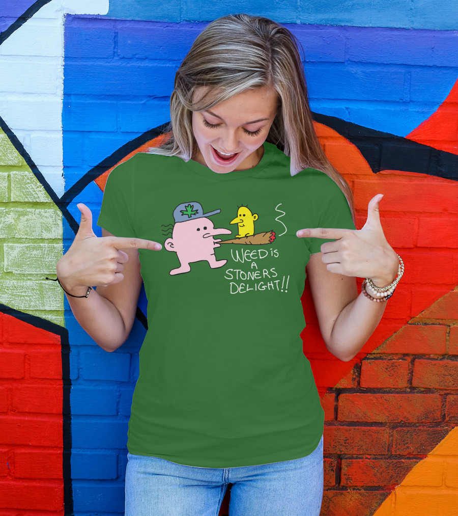 Weed Is A Stoners Delight Cartoon Characters Smoking Joint T-Shirt