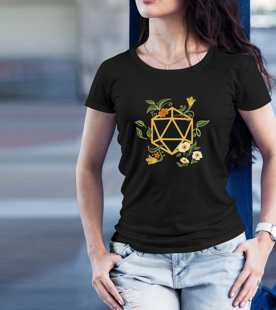 Geeky Polyhedral D20 Dice Set With Floral Plant Elements T-Shirt