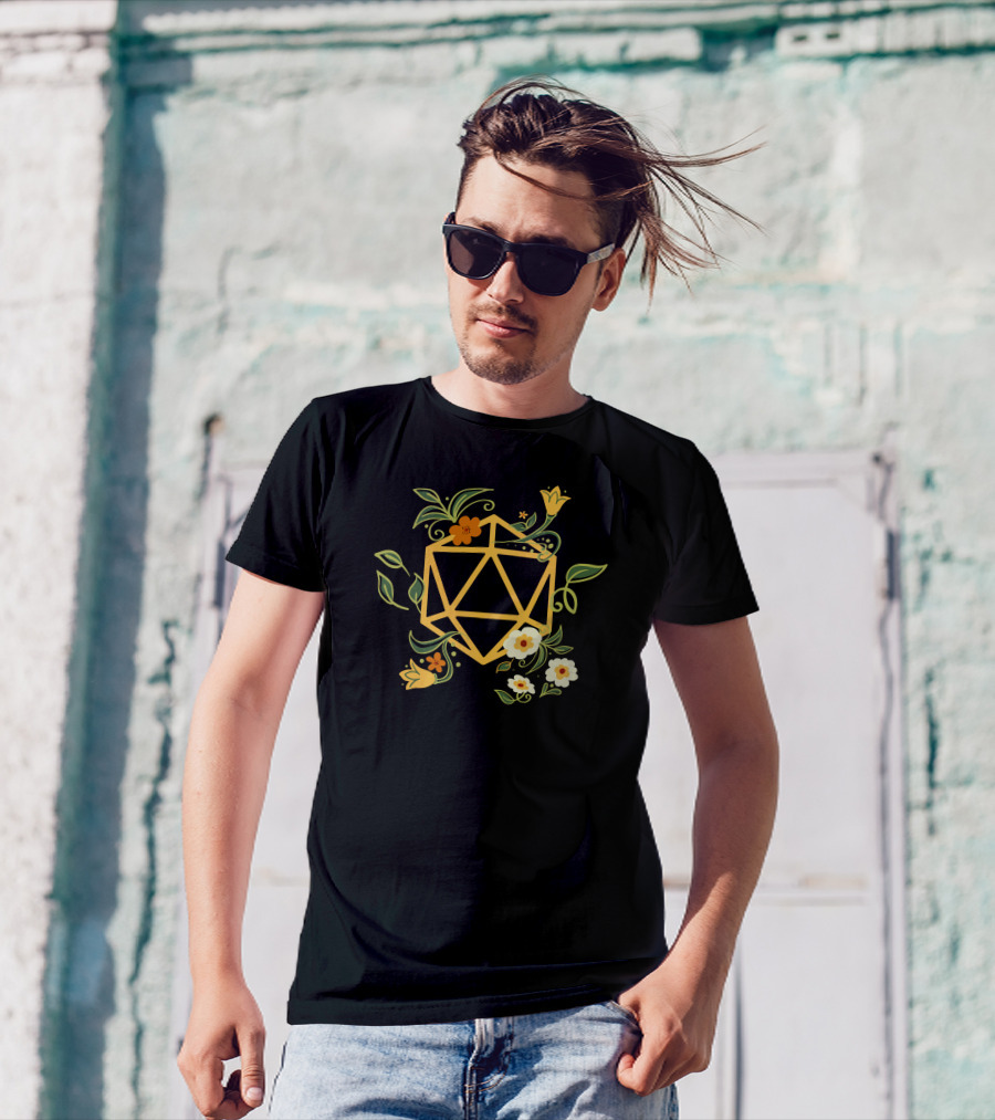 Geeky Polyhedral D20 Dice Set With Floral Plant Elements T-Shirt