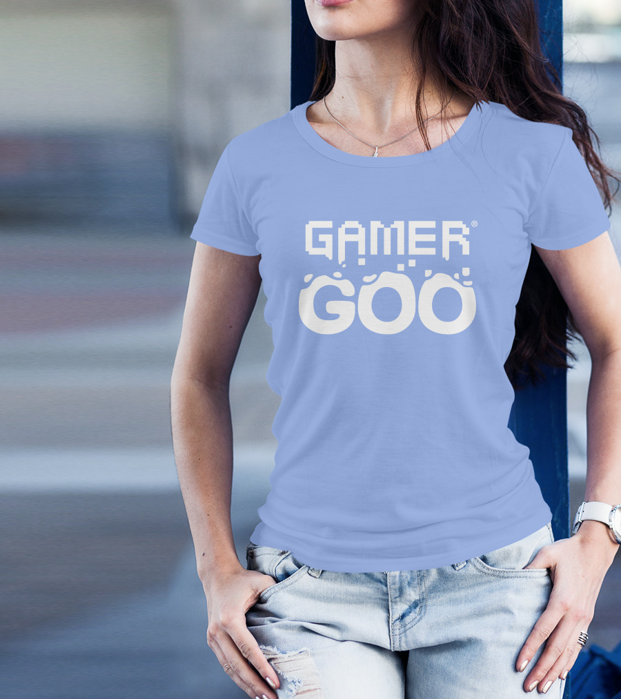 Gamer Goo Retro Pixel Font Blue Background T-Shirt