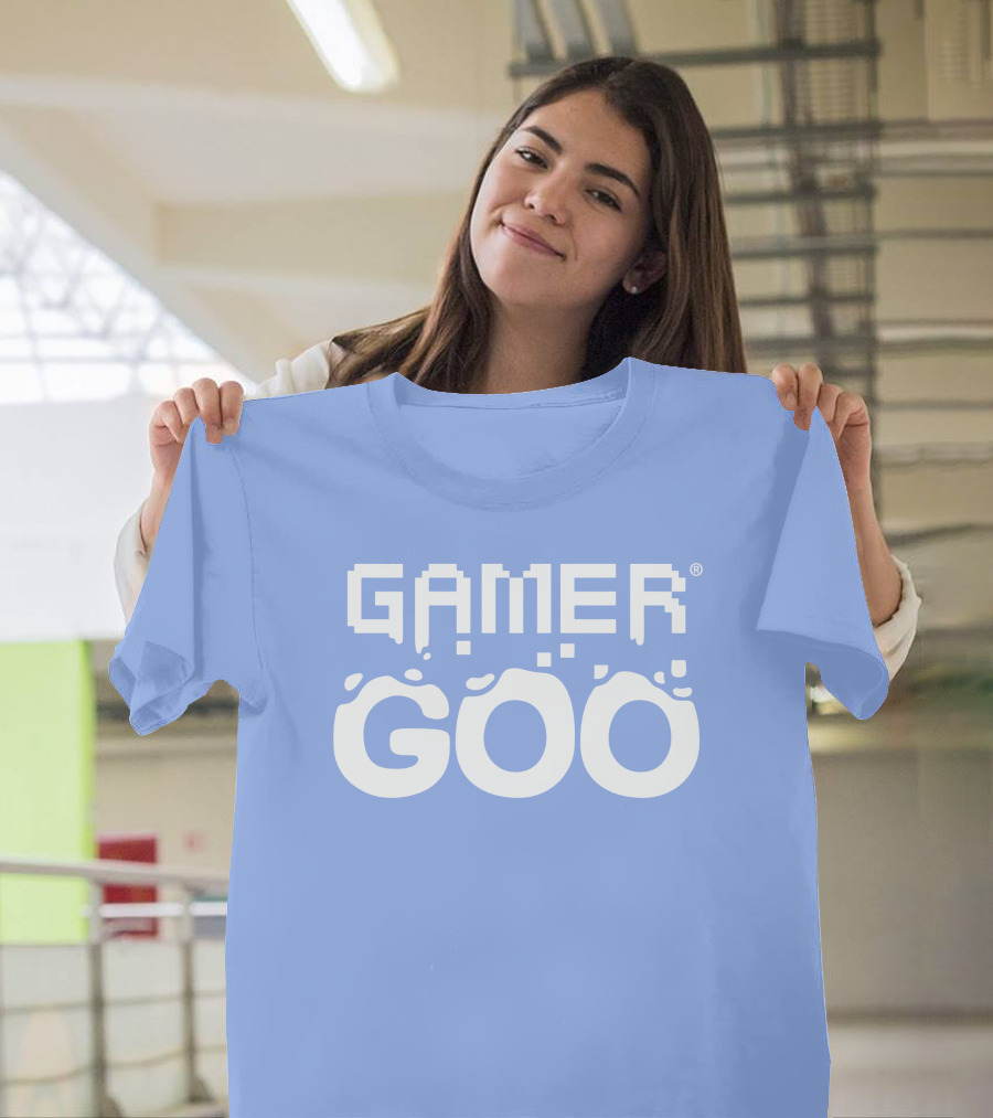 Gamer Goo Retro Pixel Font Blue Background T-Shirt