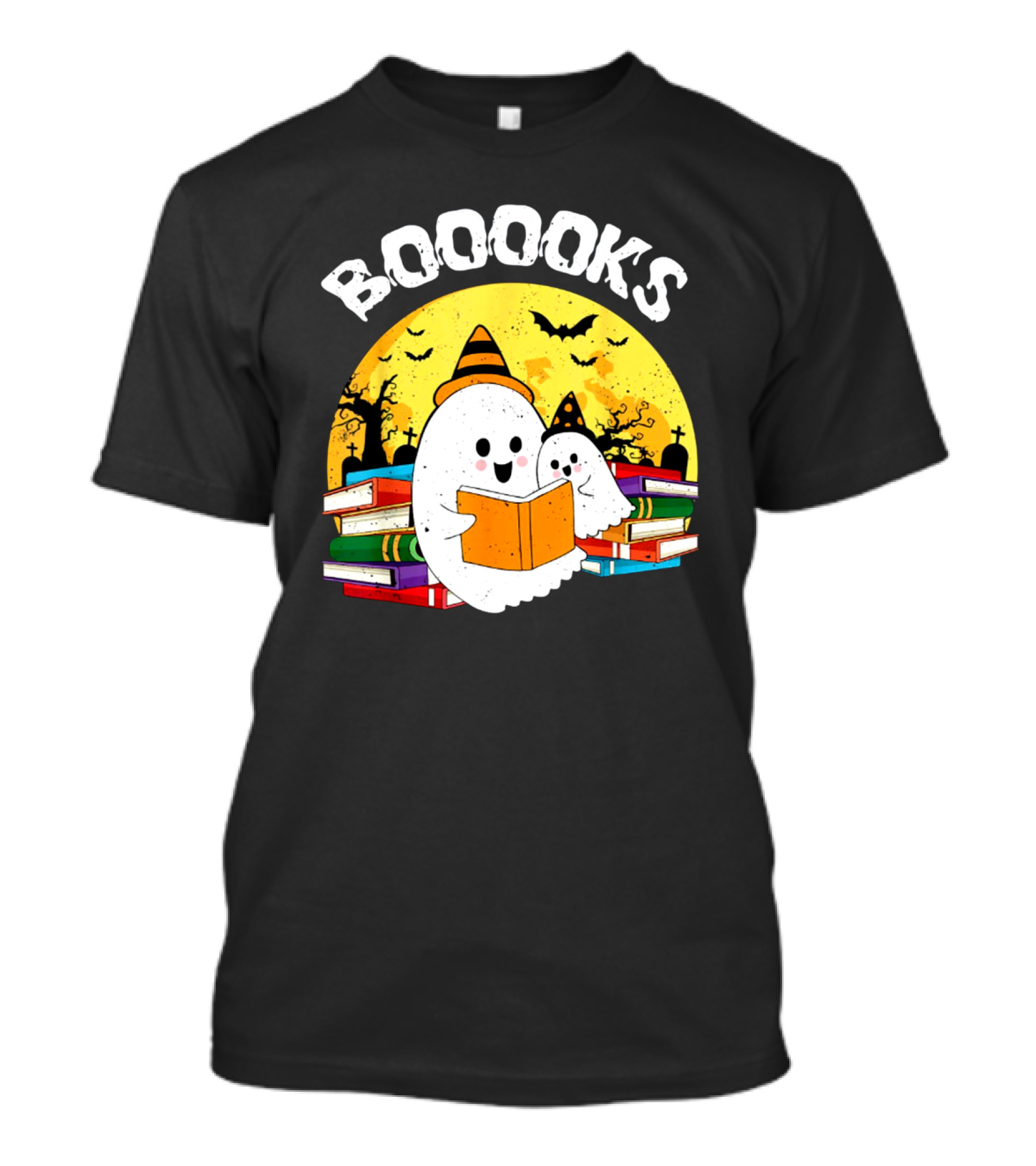 Booooks Ghost Reading Books Halloween Theme With Stacked Books And Bats T-Shirt