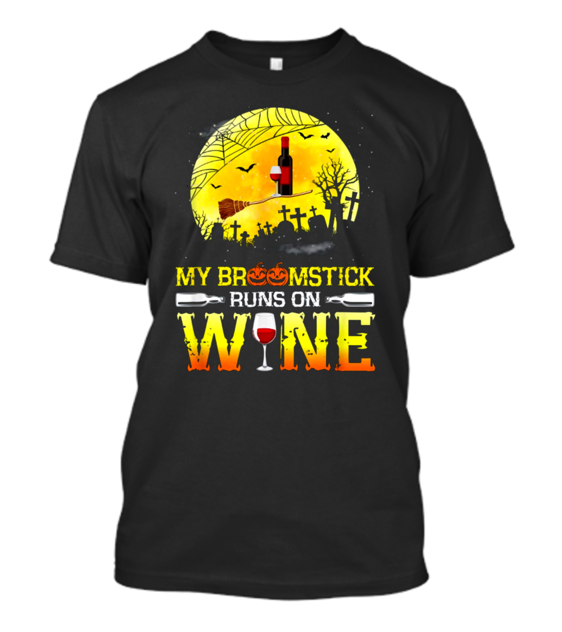 My Broomstick Runs On Wine Halloween Moon Pumpkins Graveyard Scene T-Shirt