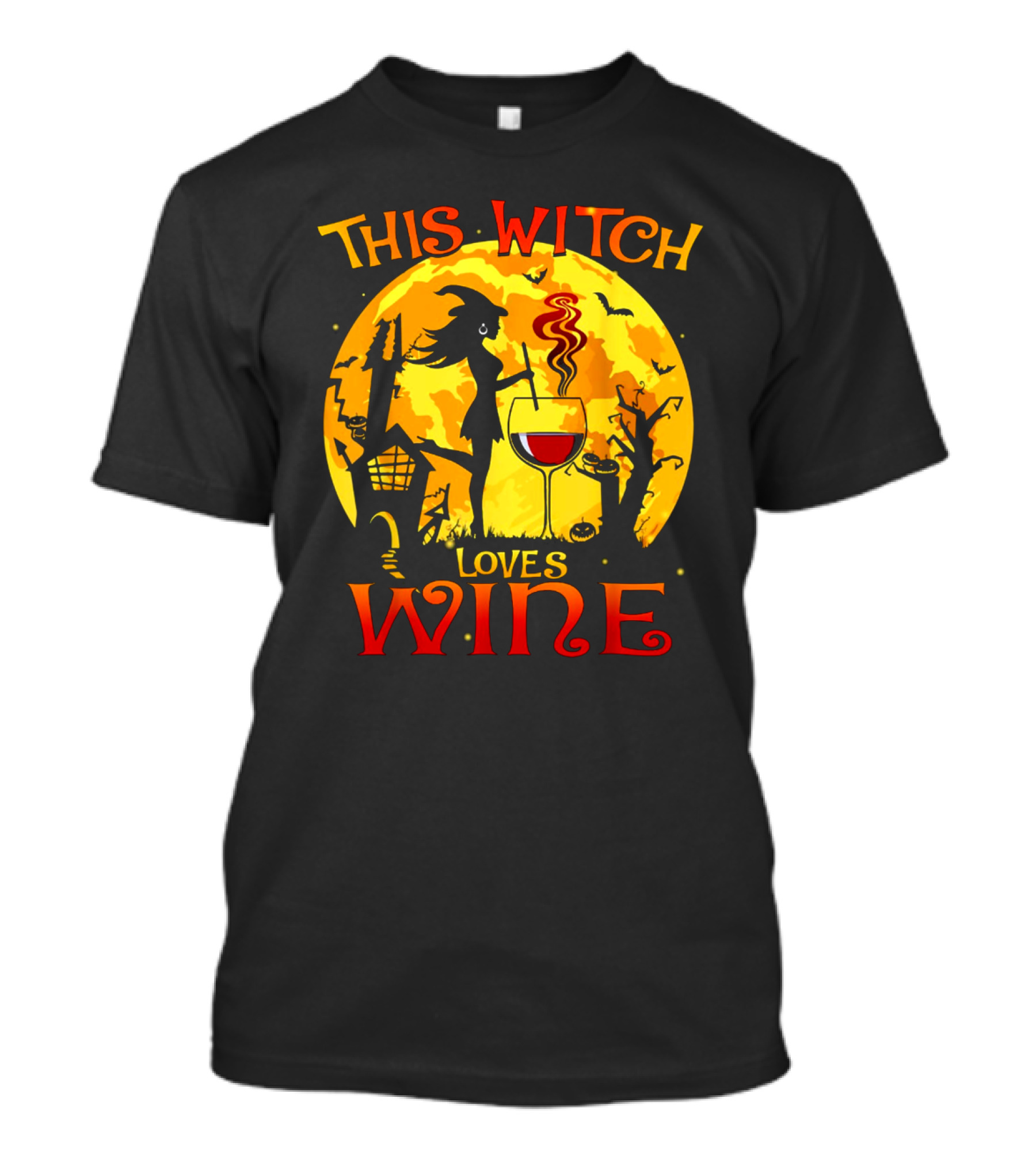 Witch Silhouette Enjoying Wine In Halloween Scene With Full Moon And Bats T-Shirt