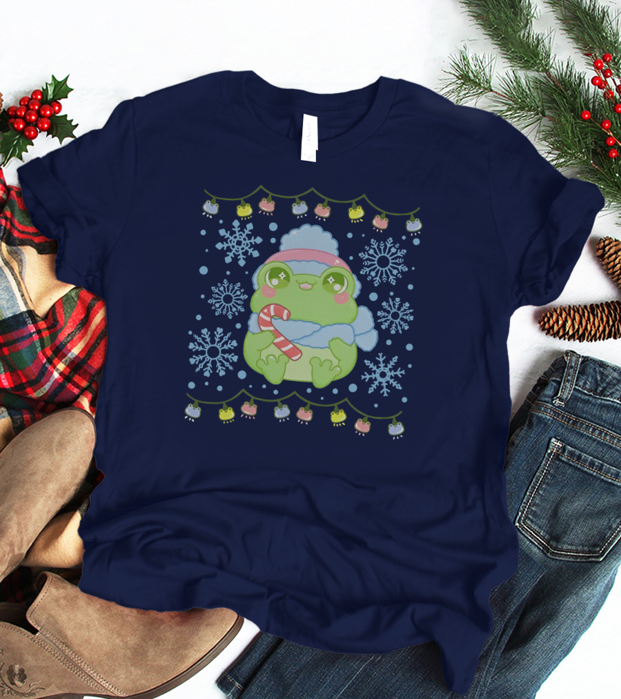 Merry Frogmas Cute Winter Frog With Candy Cane And Snowflakes T-Shirt