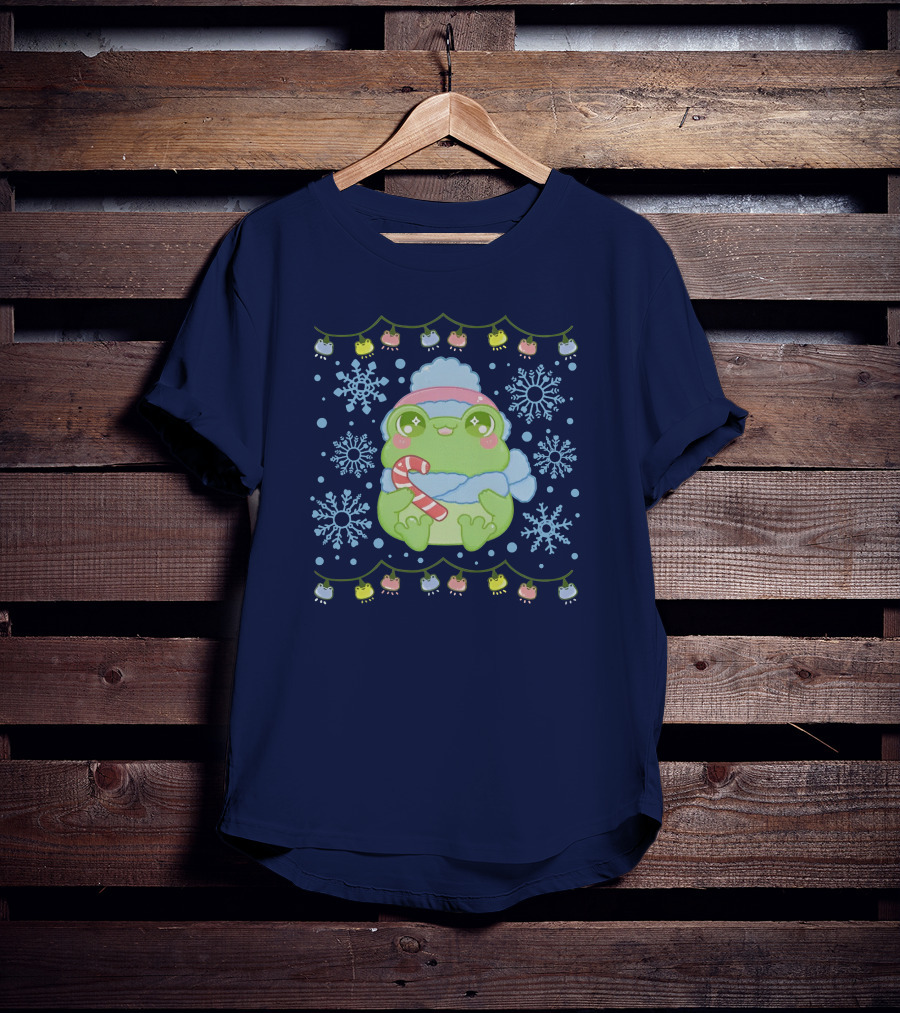 Merry Frogmas Cute Winter Frog With Candy Cane And Snowflakes T-Shirt