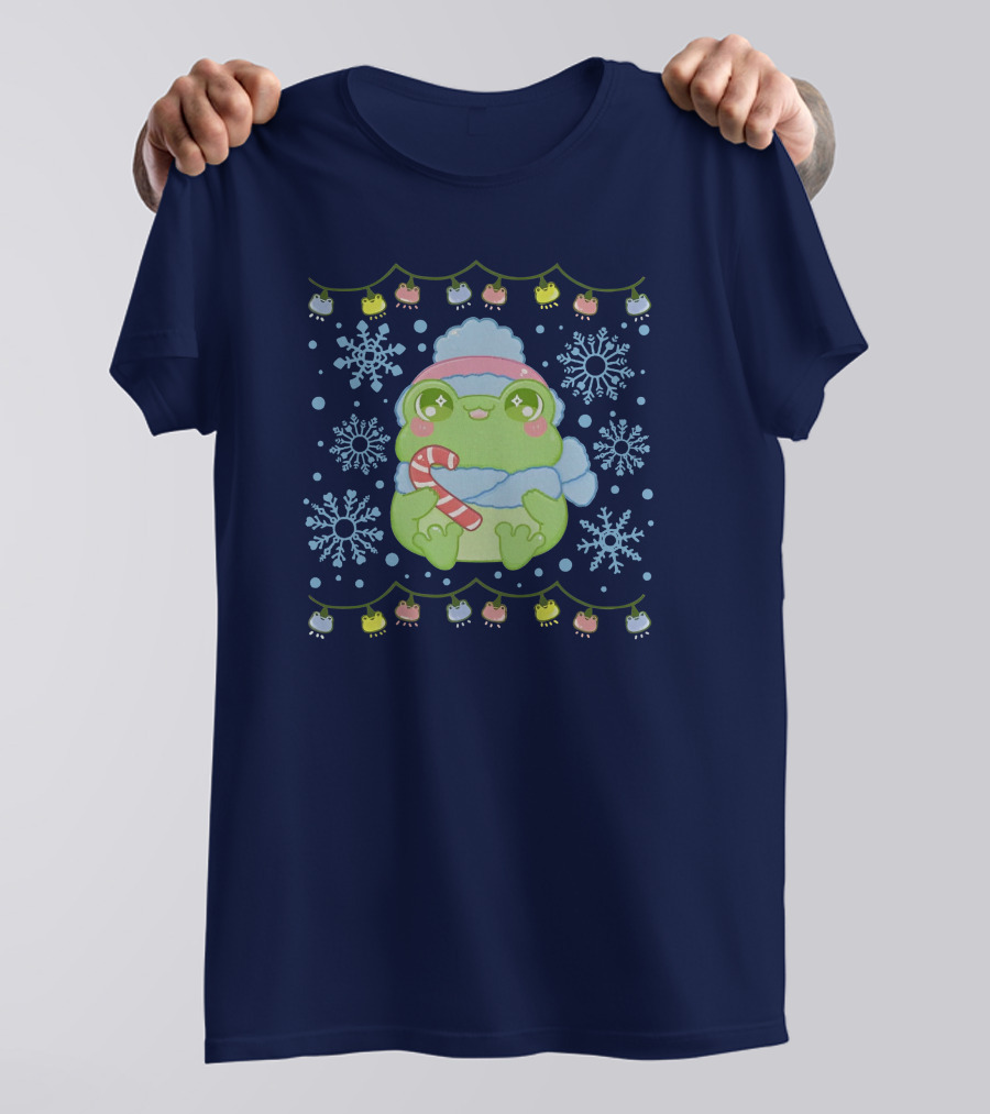 Merry Frogmas Cute Winter Frog With Candy Cane And Snowflakes T-Shirt