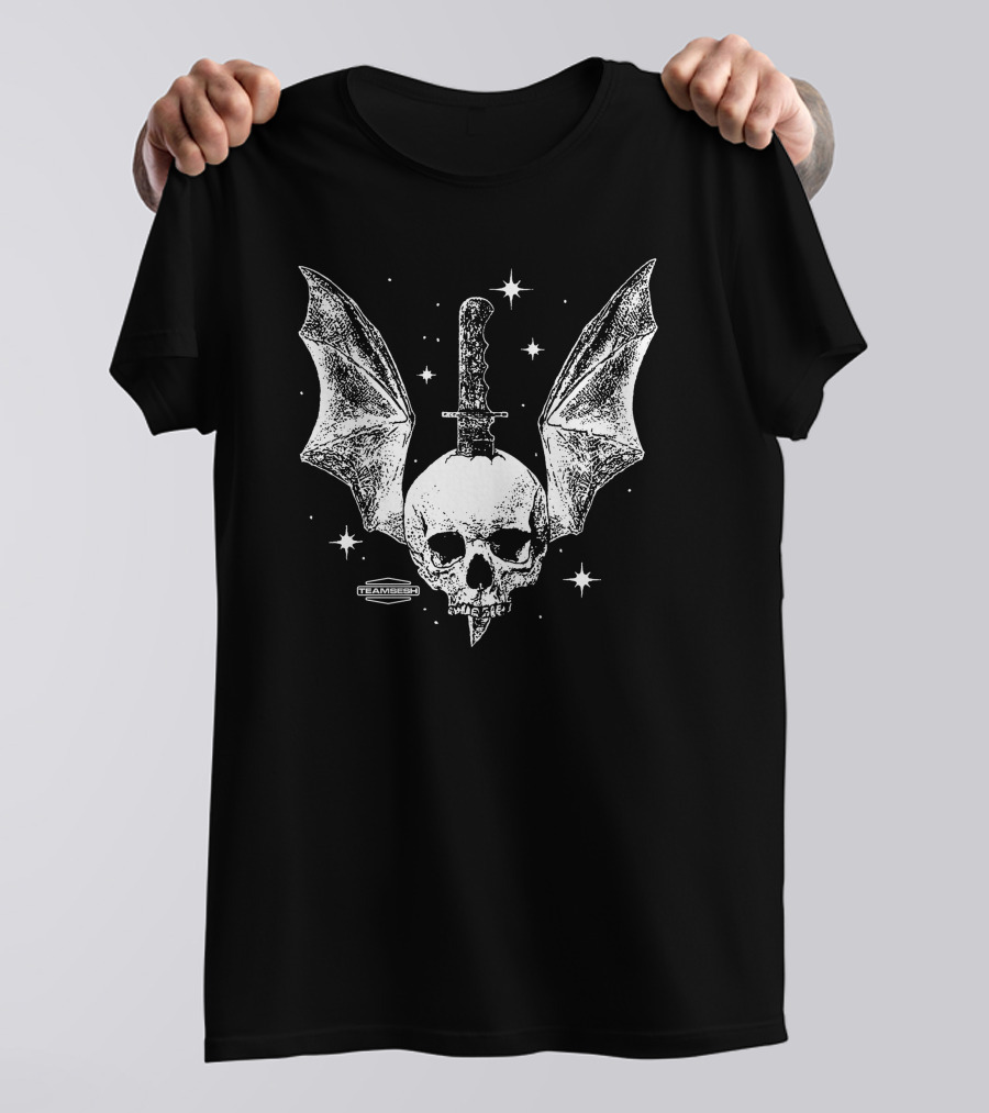 Teamsesh Skull With Bat Wings And Knife Starry Background T-Shirt