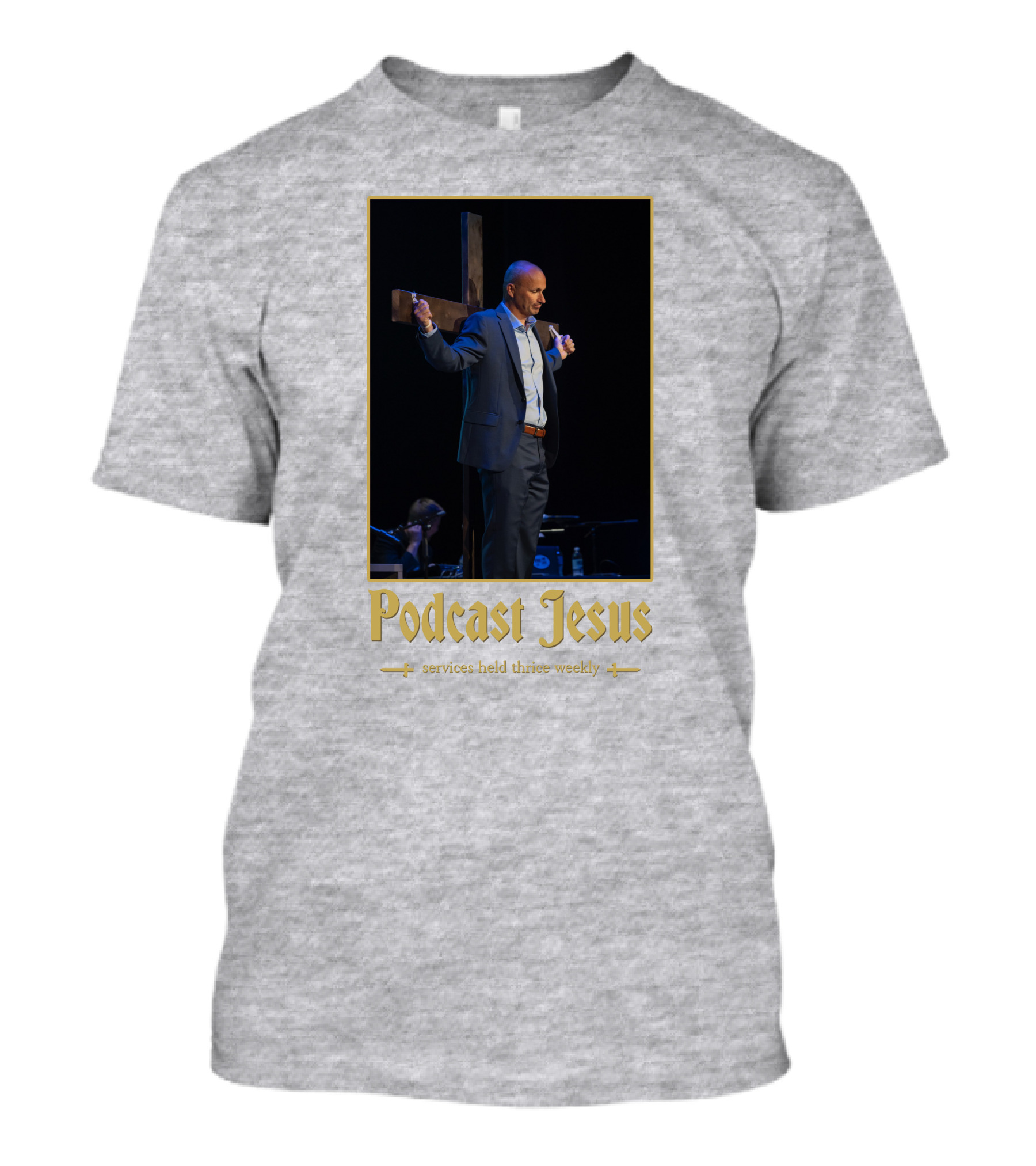 Podcast Jesus Services Held Thrice Weekly Speaker With Cross Image T-Shirt