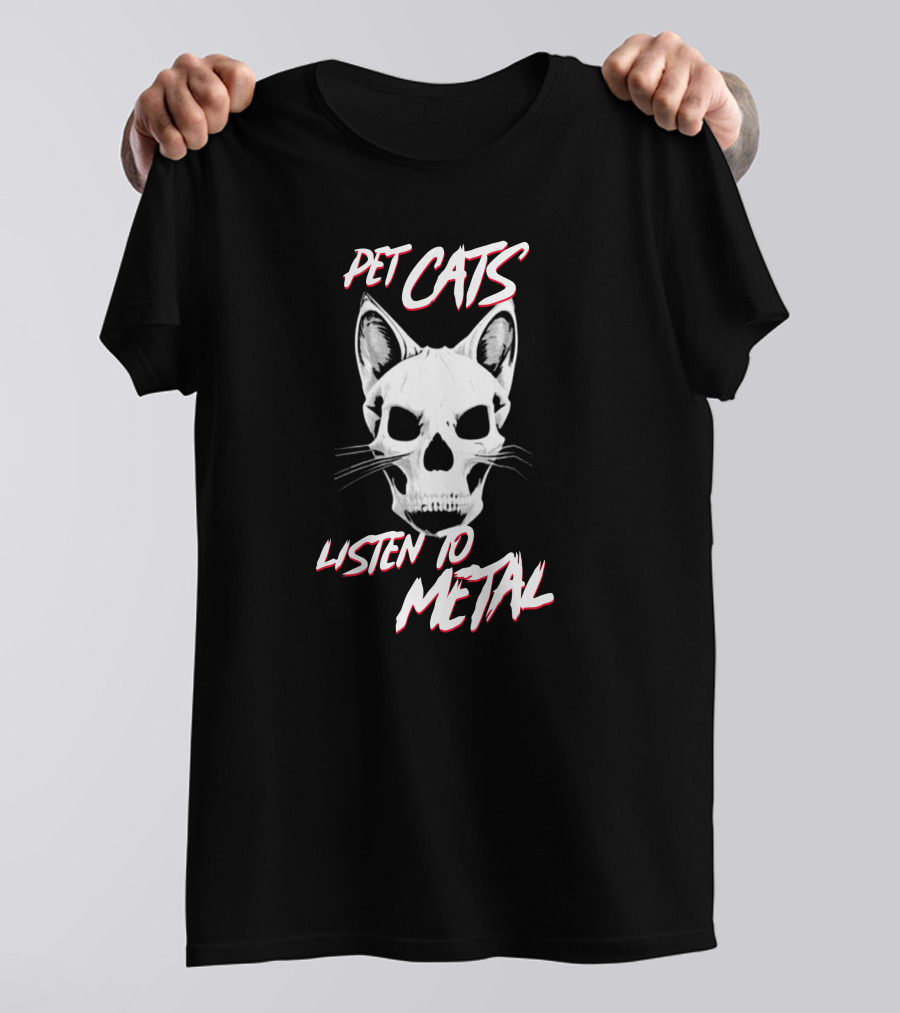 Pet Cats Listen To Metal Skull Cat Head T-Shirt