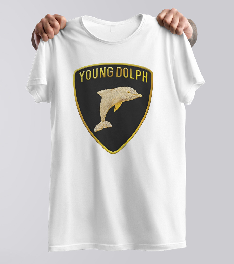 Young Dolph Rich Slave Emblem Gold Dolphin Badge T-Shirt