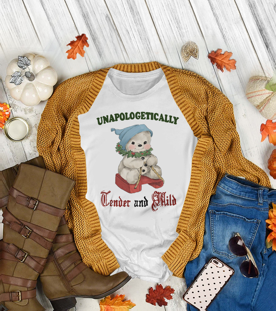Unapologetically Tender And Mild Snowman With Blue Hat And Holly Garland T-Shirt
