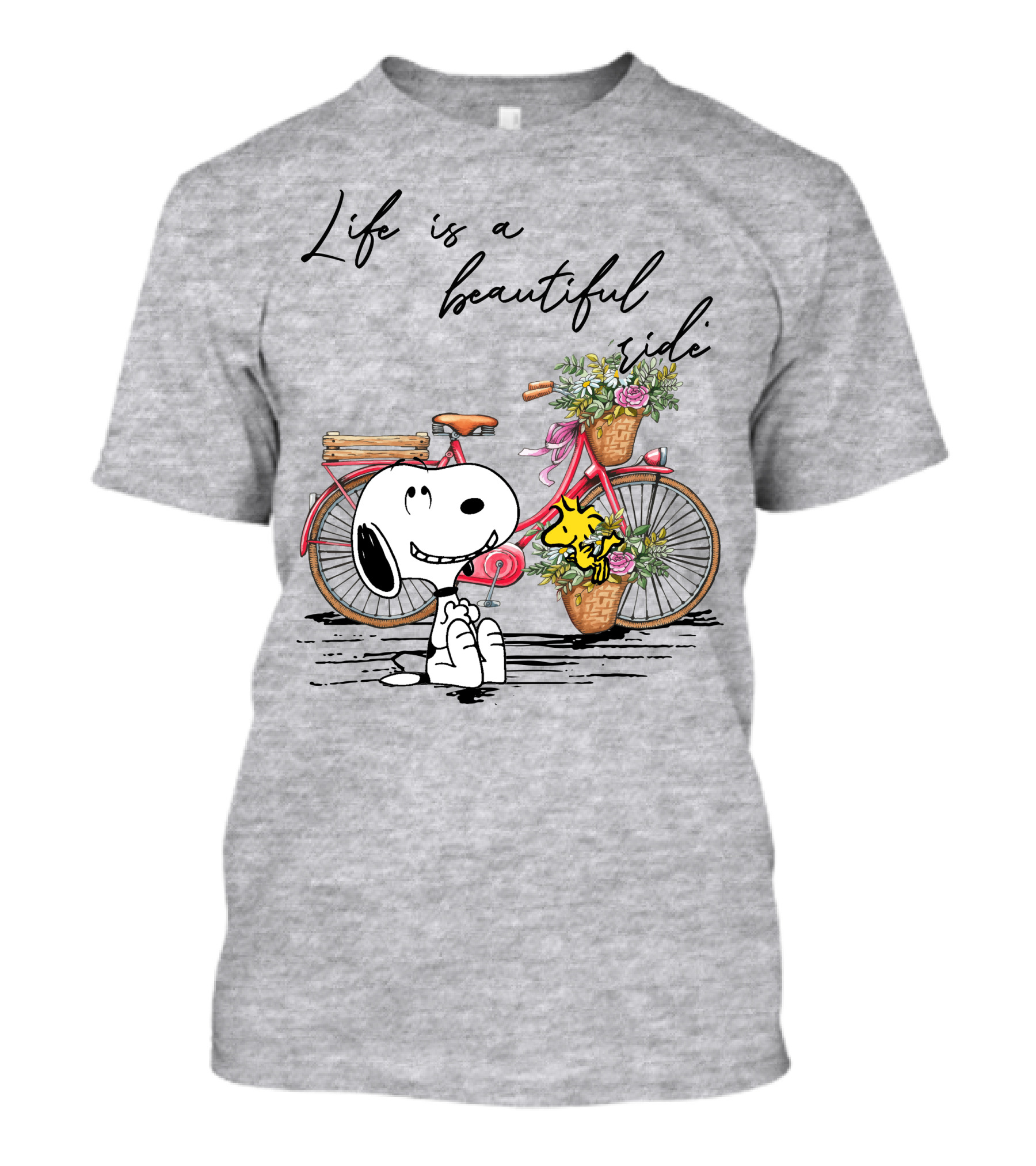 Life Is A Beautiful Ride With Snoopy And Woodstock On Floral Bicycle T-Shirt