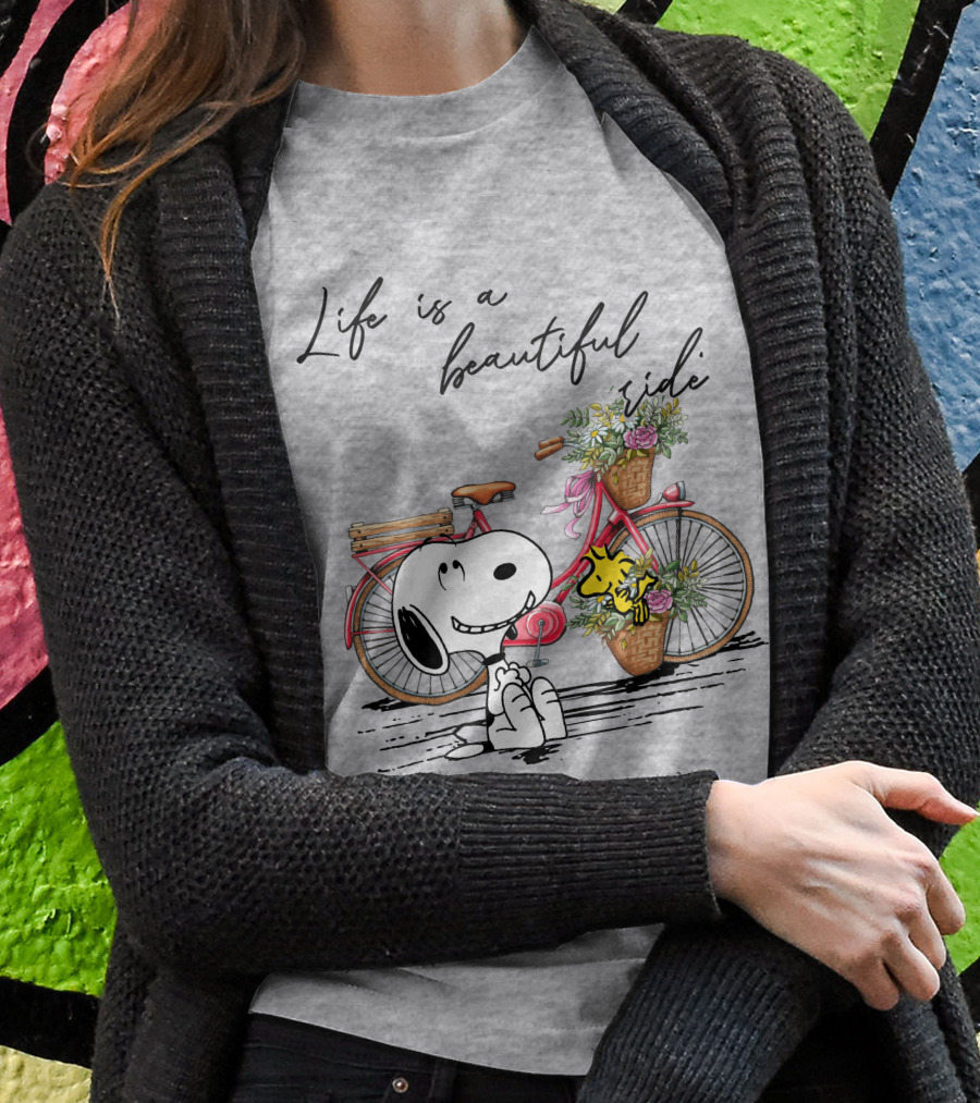 Life Is A Beautiful Ride With Snoopy And Woodstock On Floral Bicycle T-Shirt