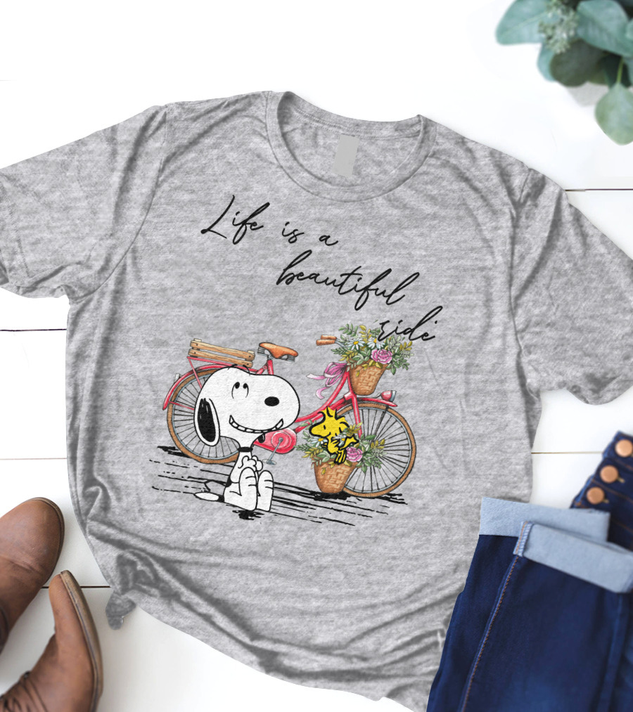 Life Is A Beautiful Ride With Snoopy And Woodstock On Floral Bicycle T-Shirt