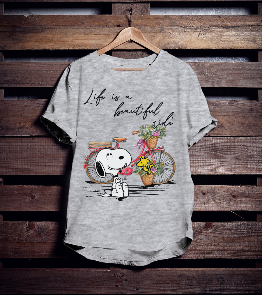 Life Is A Beautiful Ride With Snoopy And Woodstock On Floral Bicycle T-Shirt