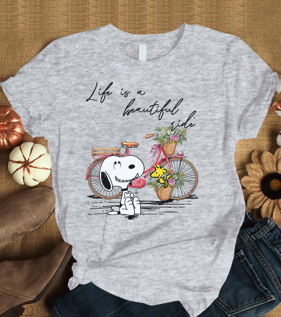 Life Is A Beautiful Ride With Snoopy And Woodstock On Floral Bicycle T-Shirt