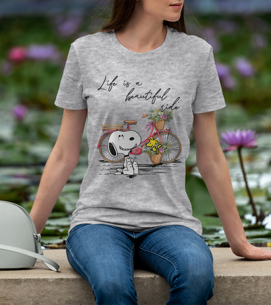 Life Is A Beautiful Ride With Snoopy And Woodstock On Floral Bicycle T-Shirt