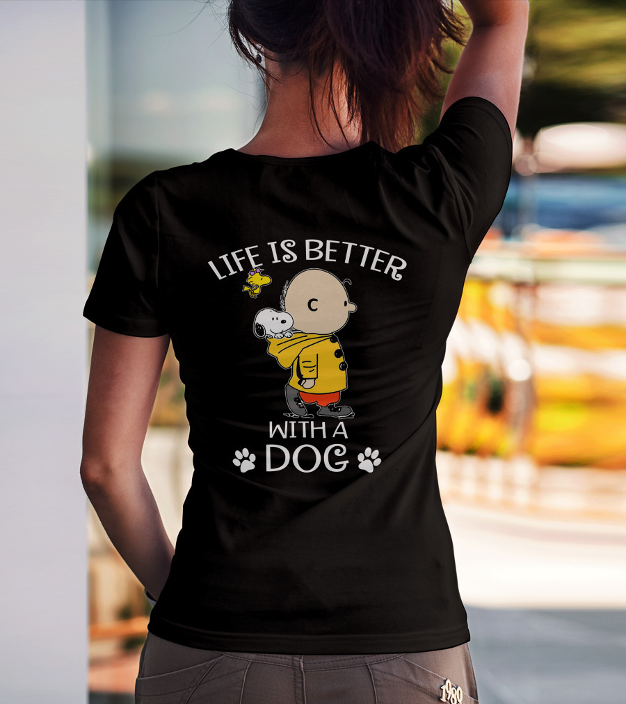 Life Is Better With A Dog Snoopy Charlie Brown Woodstock Paw Prints T-Shirt