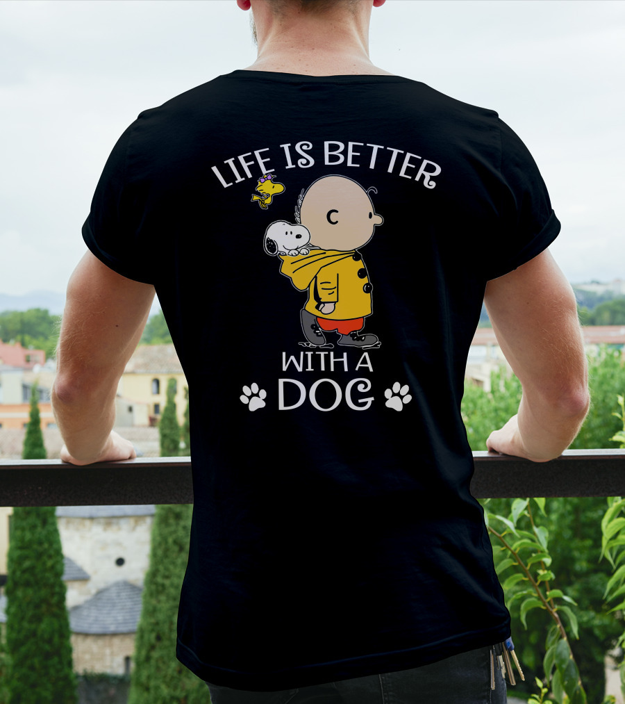 Life Is Better With A Dog Snoopy Charlie Brown Woodstock Paw Prints T-Shirt