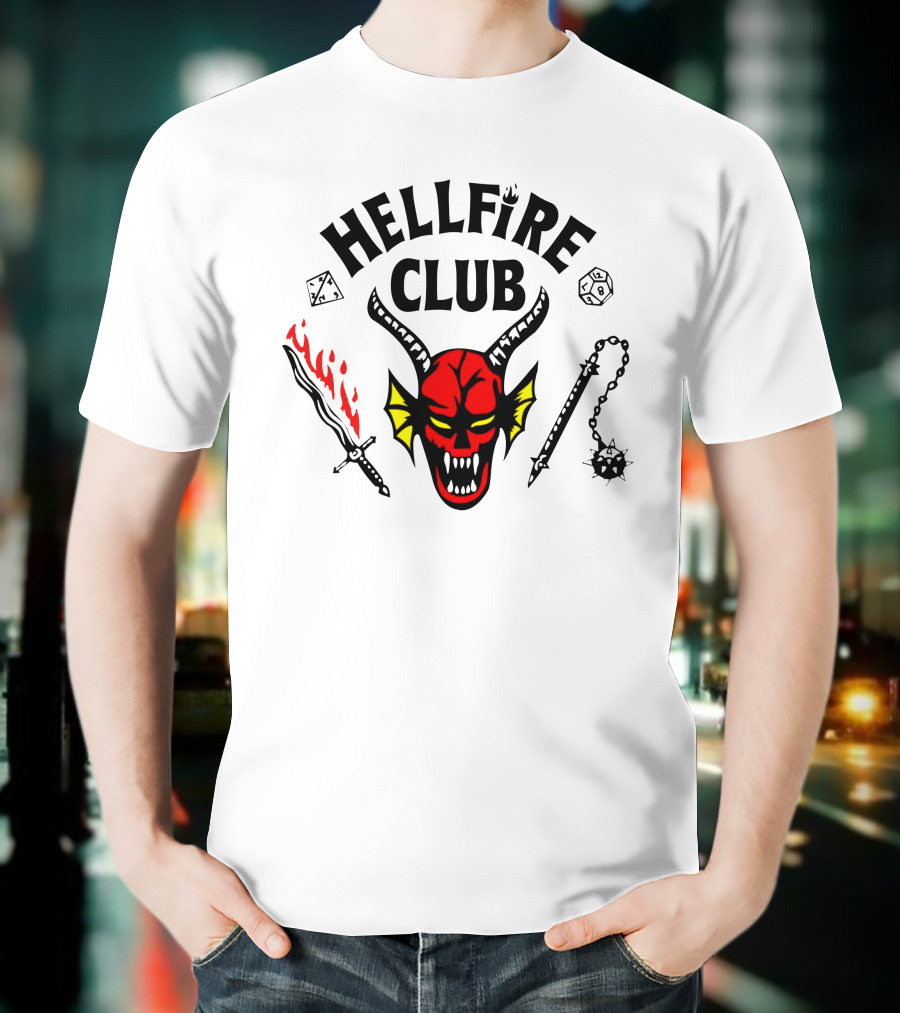 Mike Wheeler Hellfire Club Demon Sword Dice Dungeons Dragons Chains T-Shirt
