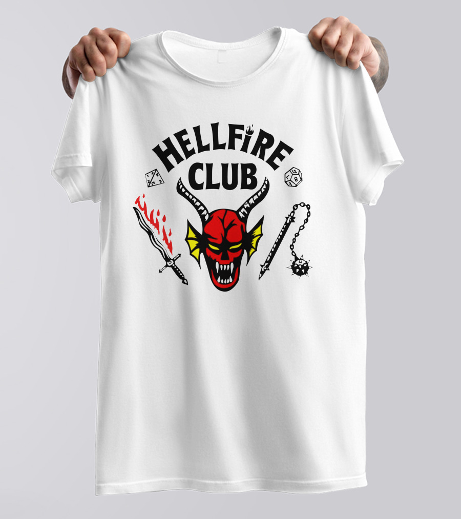 Mike Wheeler Hellfire Club Demon Sword Dice Dungeons Dragons Chains T-Shirt