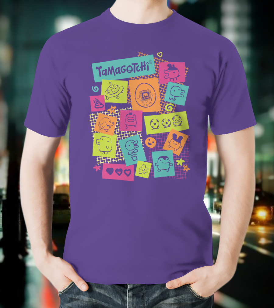 Tamagotchi Neon Character Collage With Hearts And Stars T-Shirt