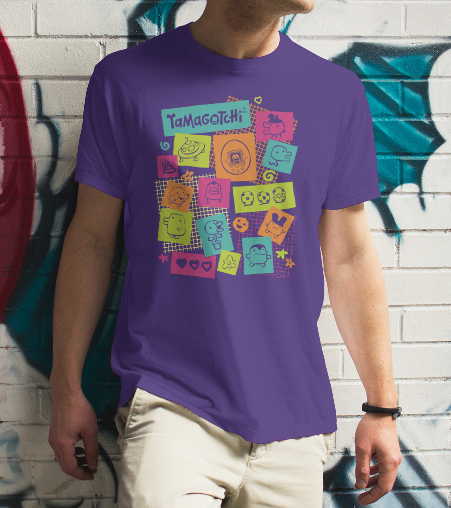 Tamagotchi Neon Character Collage With Hearts And Stars T-Shirt