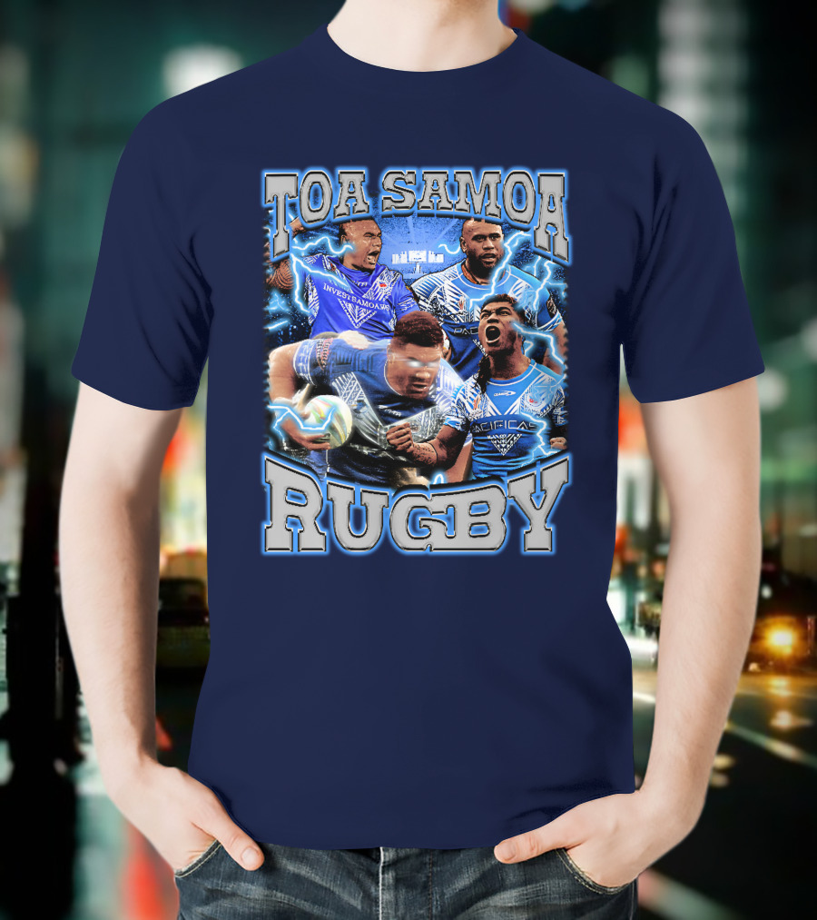 Toa Samoa Rugby Blue Jersey Action Lightning Background T-Shirt