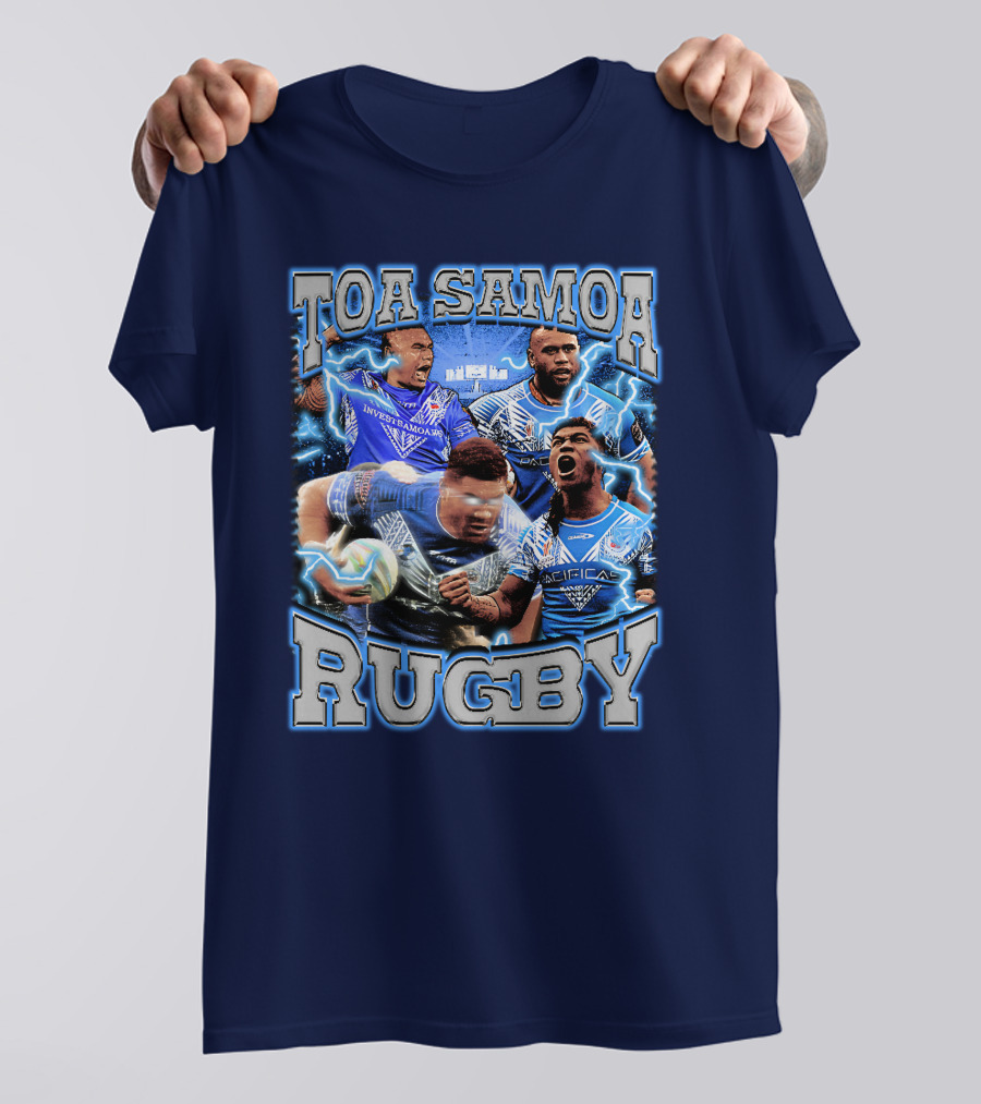 Toa Samoa Rugby Blue Jersey Action Lightning Background T-Shirt