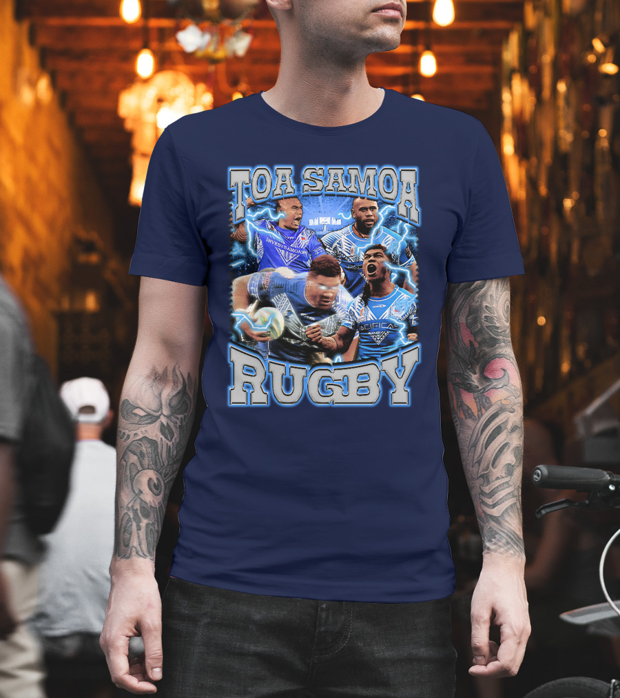 Toa Samoa Rugby Blue Jersey Action Lightning Background T-Shirt