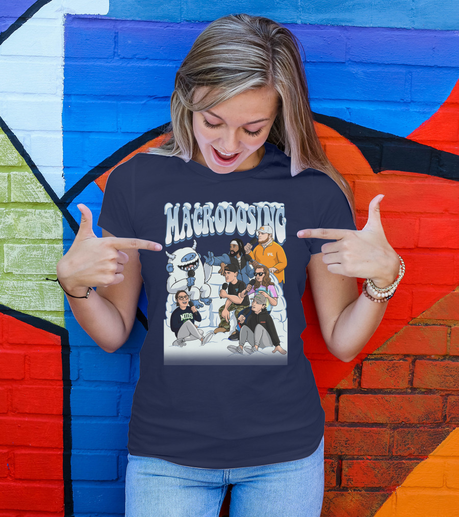 Macrodosing Yeti Podcast Group In Ice Fortress Scene With Microphones And Laughter T-Shirt