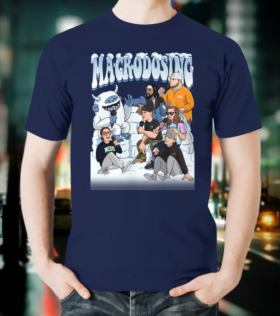 Macrodosing Yeti Podcast Group In Ice Fortress Scene With Microphones And Laughter T-Shirt
