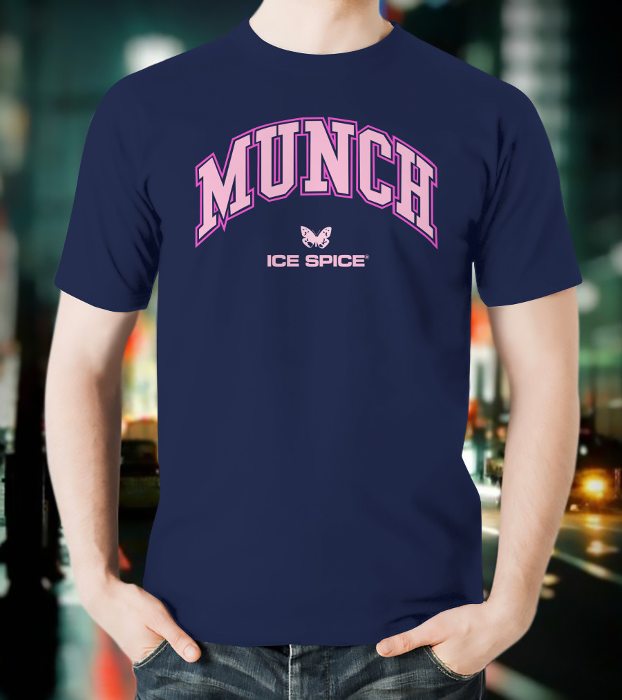 Munch Butterfly Ice Spice Pink Lettering Dark Blue Background T-Shirt