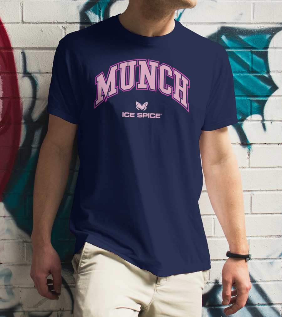 Munch Butterfly Ice Spice Pink Lettering Dark Blue Background T-Shirt