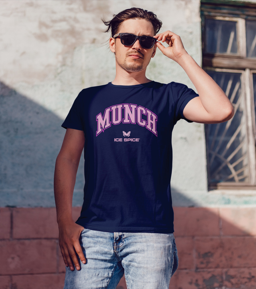 Munch Butterfly Ice Spice Pink Lettering Dark Blue Background T-Shirt