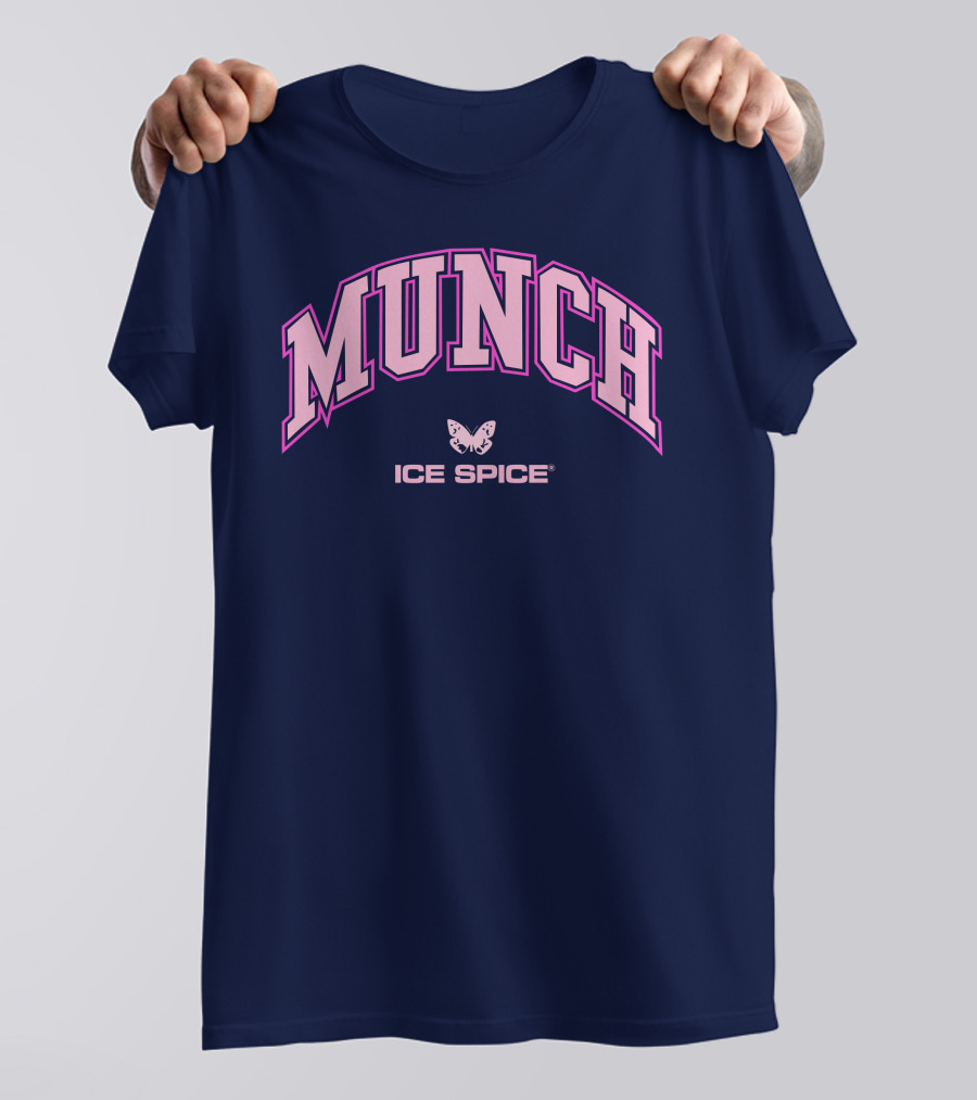 Munch Butterfly Ice Spice Pink Lettering Dark Blue Background T-Shirt