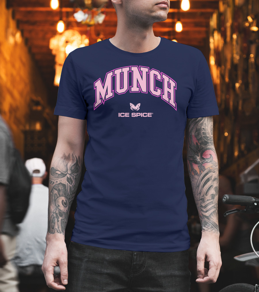 Munch Butterfly Ice Spice Pink Lettering Dark Blue Background T-Shirt