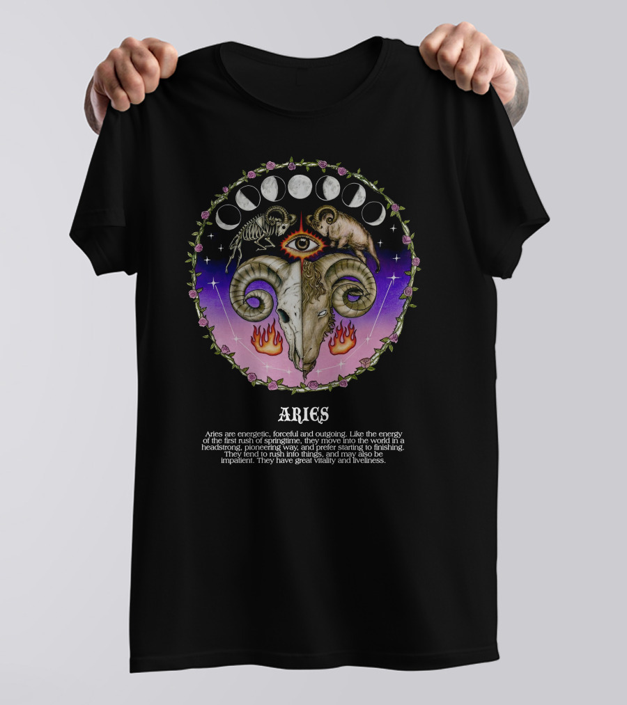 Aries Energetic Forceful Outgoing Headstrong Powerful Vitality Roses Moon Phases Ram Flame Eye T-Shirt