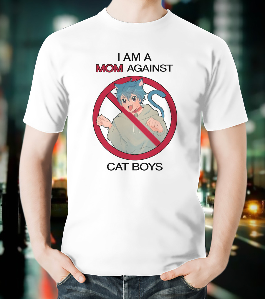 I Am A Mom Against Cat Boys Prohibition Symbol Cartoon Character With Blue Hair And Cat Ears T-Shirt