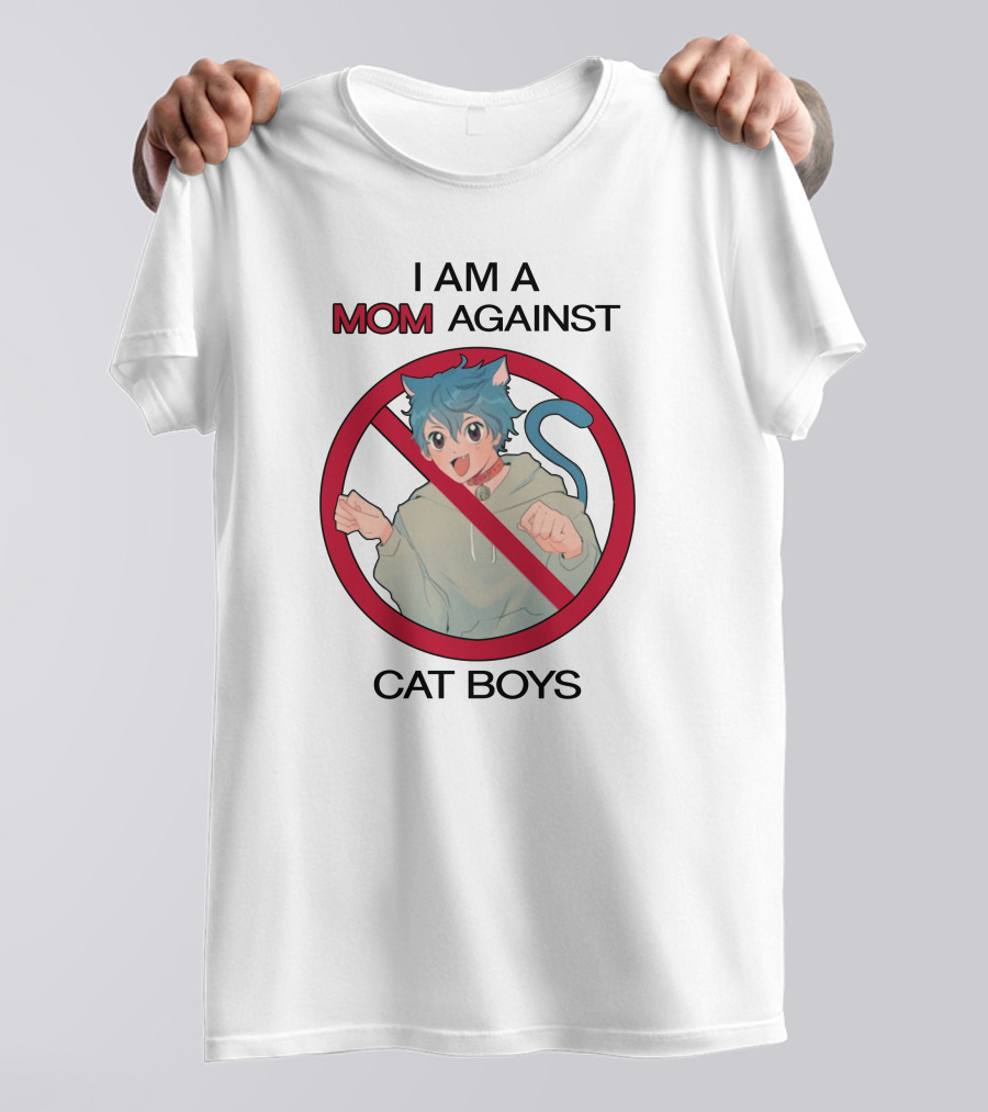 I Am A Mom Against Cat Boys Prohibition Symbol Cartoon Character With Blue Hair And Cat Ears T-Shirt