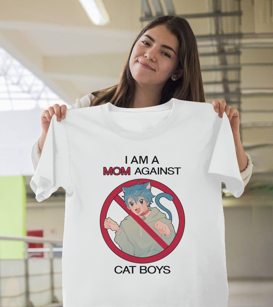 I Am A Mom Against Cat Boys Prohibition Symbol Cartoon Character With Blue Hair And Cat Ears T-Shirt