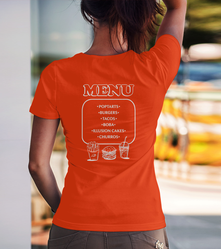 MENU Poptarts Burgers Tacos Boba Illusion Cakes Churros T-Shirt