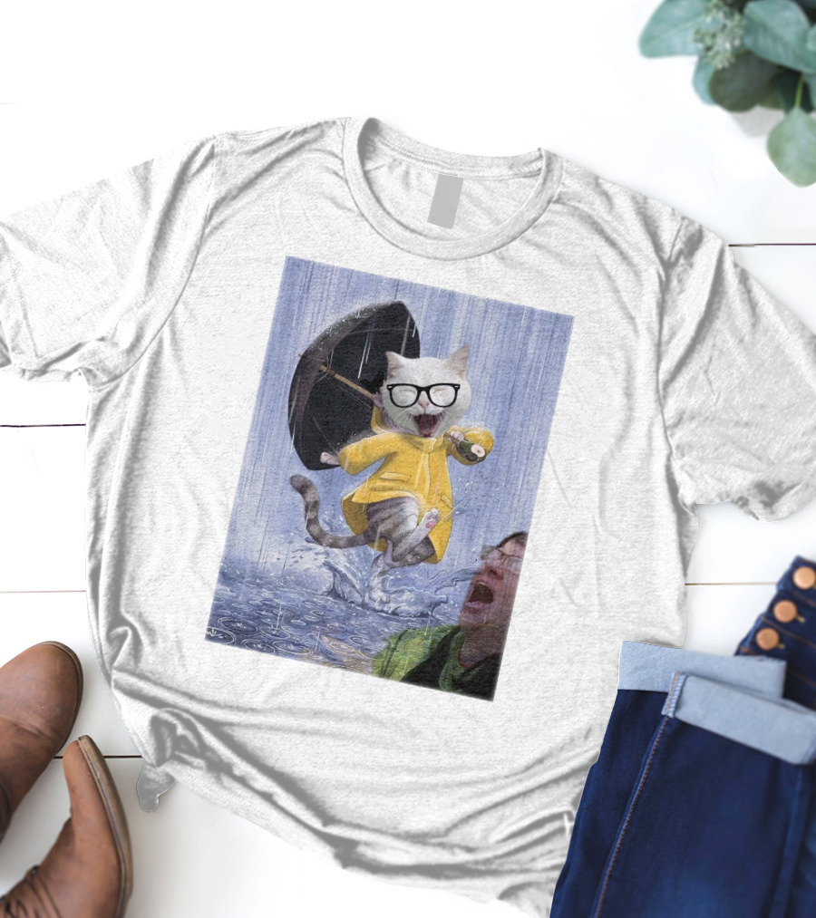 Catturd In Yellow Raincoat With Glasses Holding Umbrella In The Rain T-Shirt
