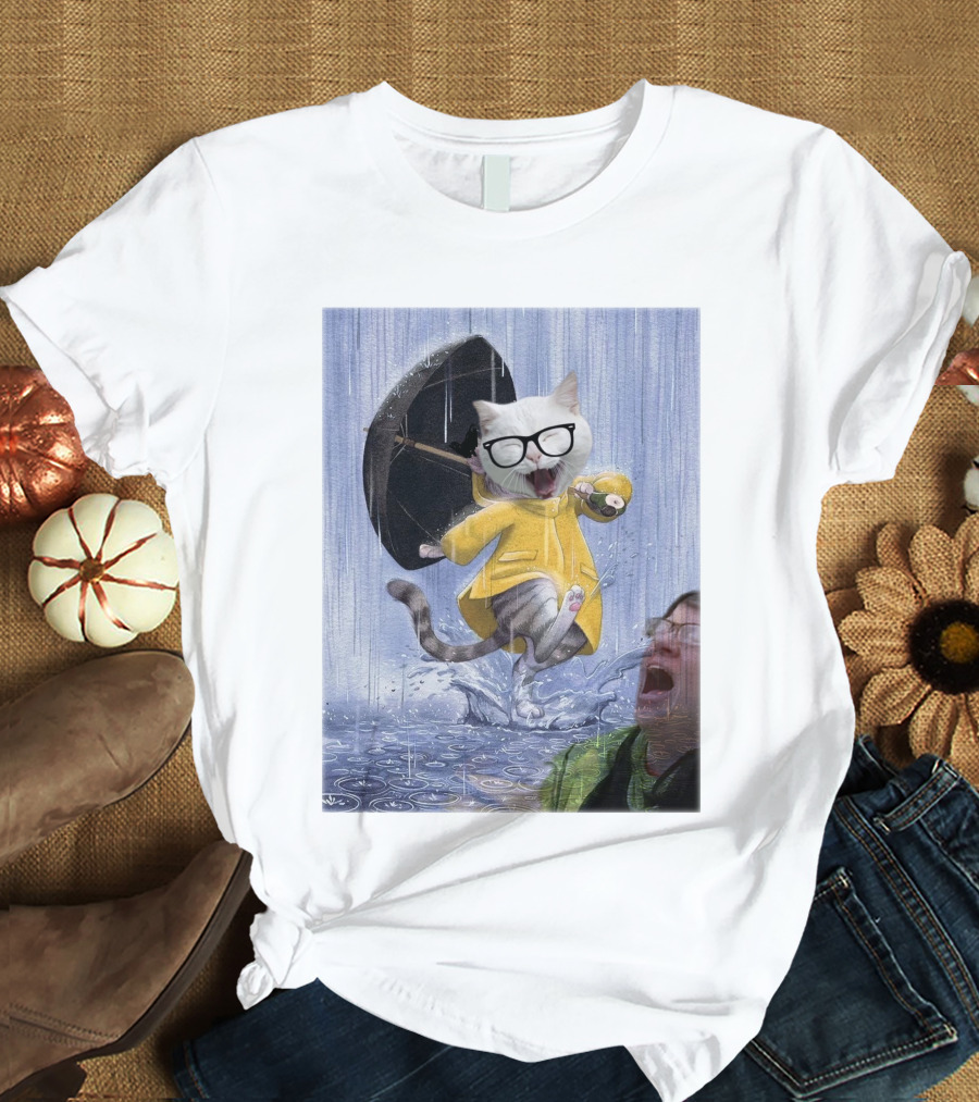 Catturd In Yellow Raincoat With Glasses Holding Umbrella In The Rain T-Shirt