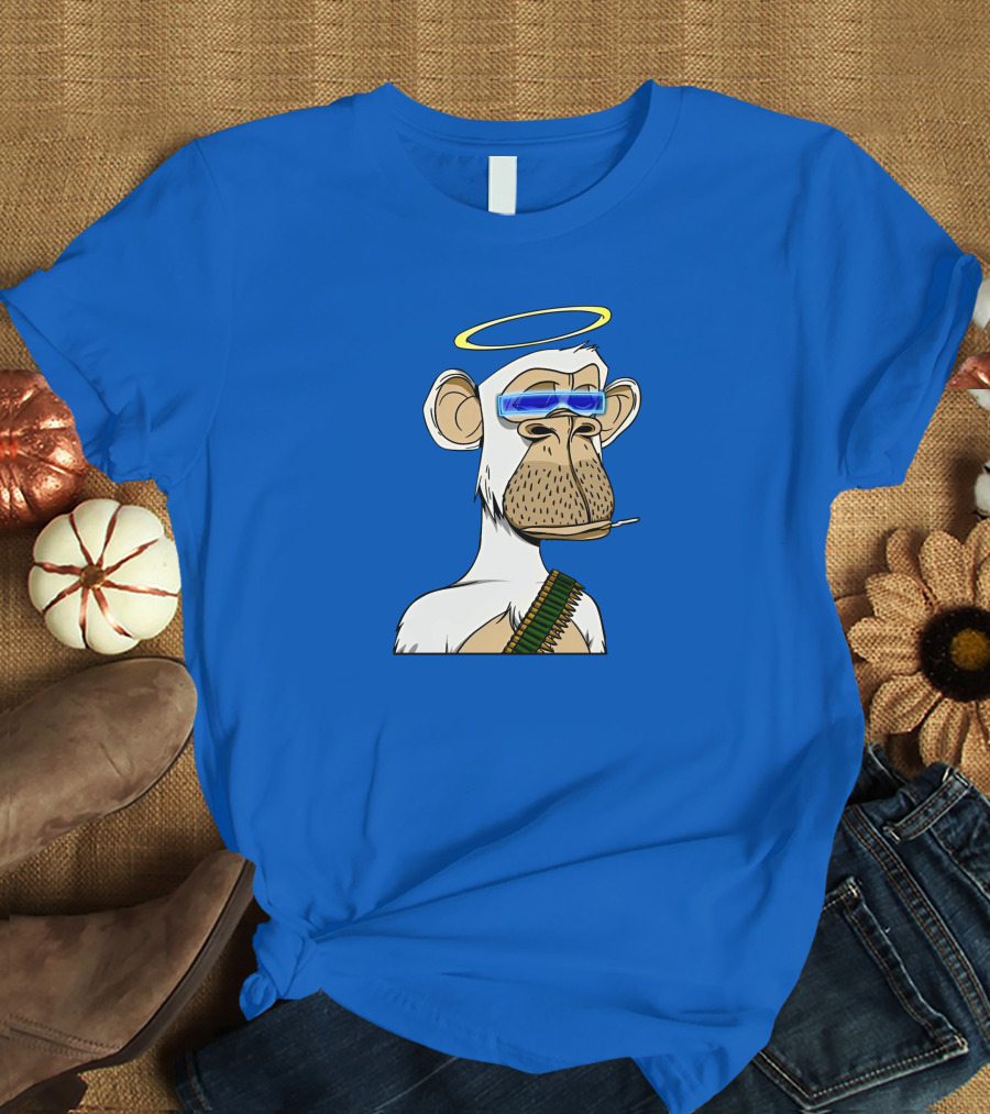 Ginotheghost Bored Ape Yacht Club Angel Halo NFT Ape Blue Background T-Shirt