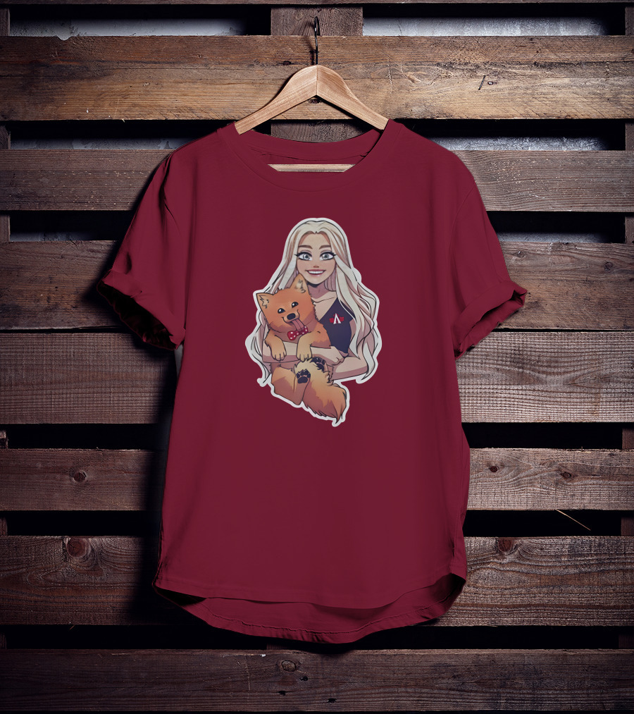 Autumnrhodess Cartoon Character Holding Dog With Red Bowtie On Burgundy Background T-Shirt