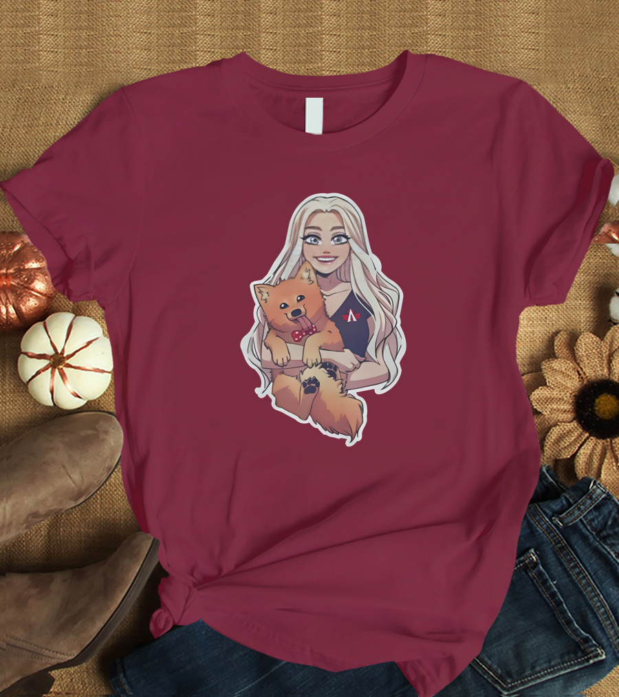 Autumnrhodess Cartoon Character Holding Dog With Red Bowtie On Burgundy Background T-Shirt